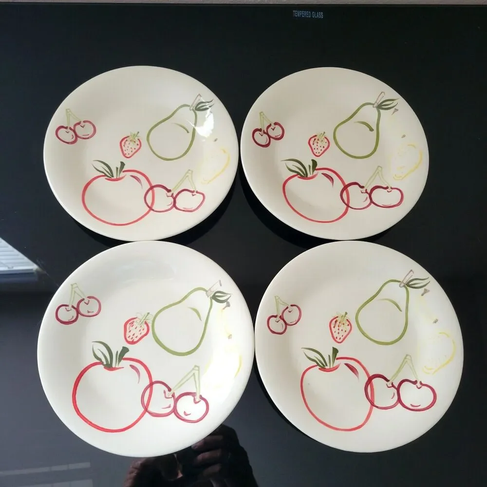 Vtg Whole Home Hand Painted Salad Dessert Plates Fashion Fruit Art Deco Set 4